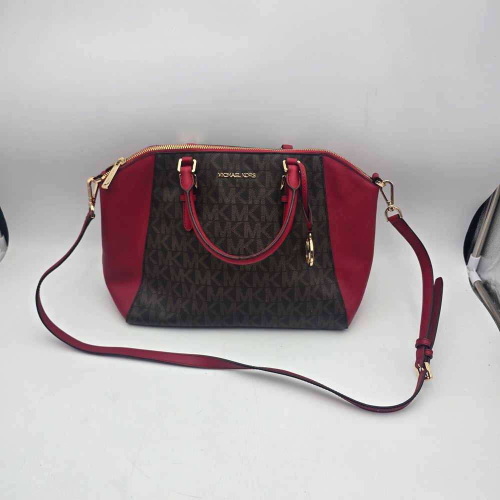 Michael Kors Brown Monogram Red Leather Satchel Crossbody Bag Gold Hardware